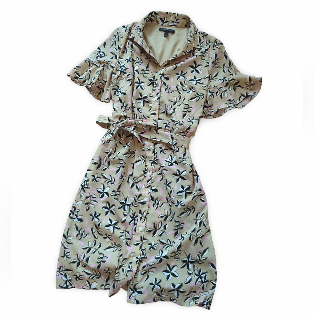 Banana Republic Beige Floral Flounced Sleeve Tie-Waist Shirt dress